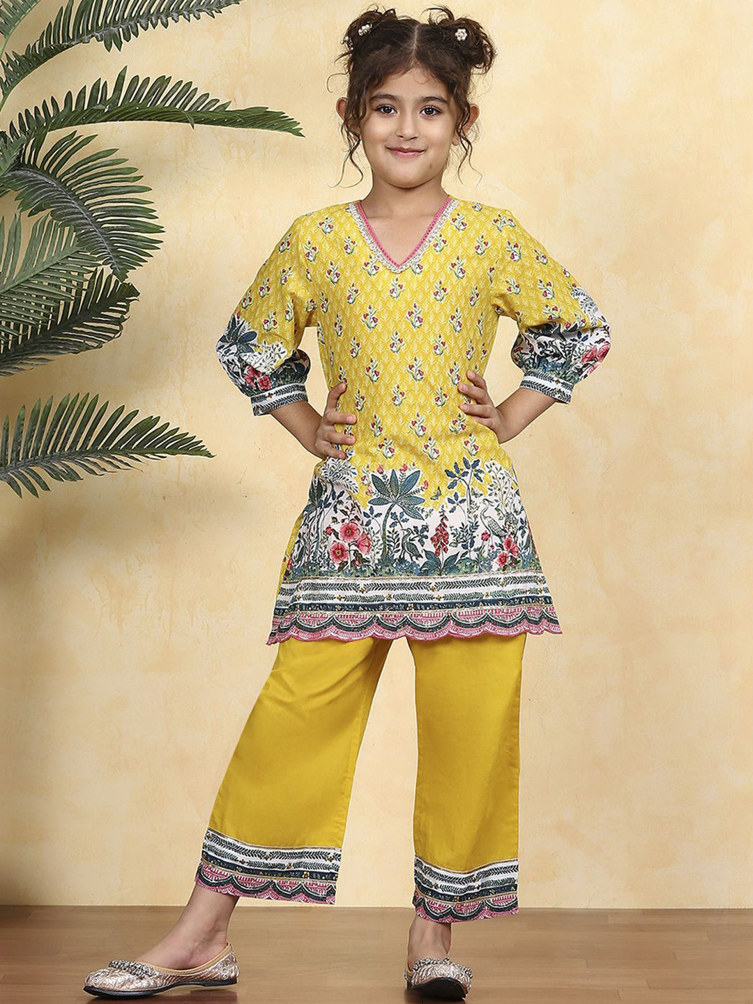 Biba Girls Floral Printed Puff Sleeves Pure Cotton Kurti with Palazzos