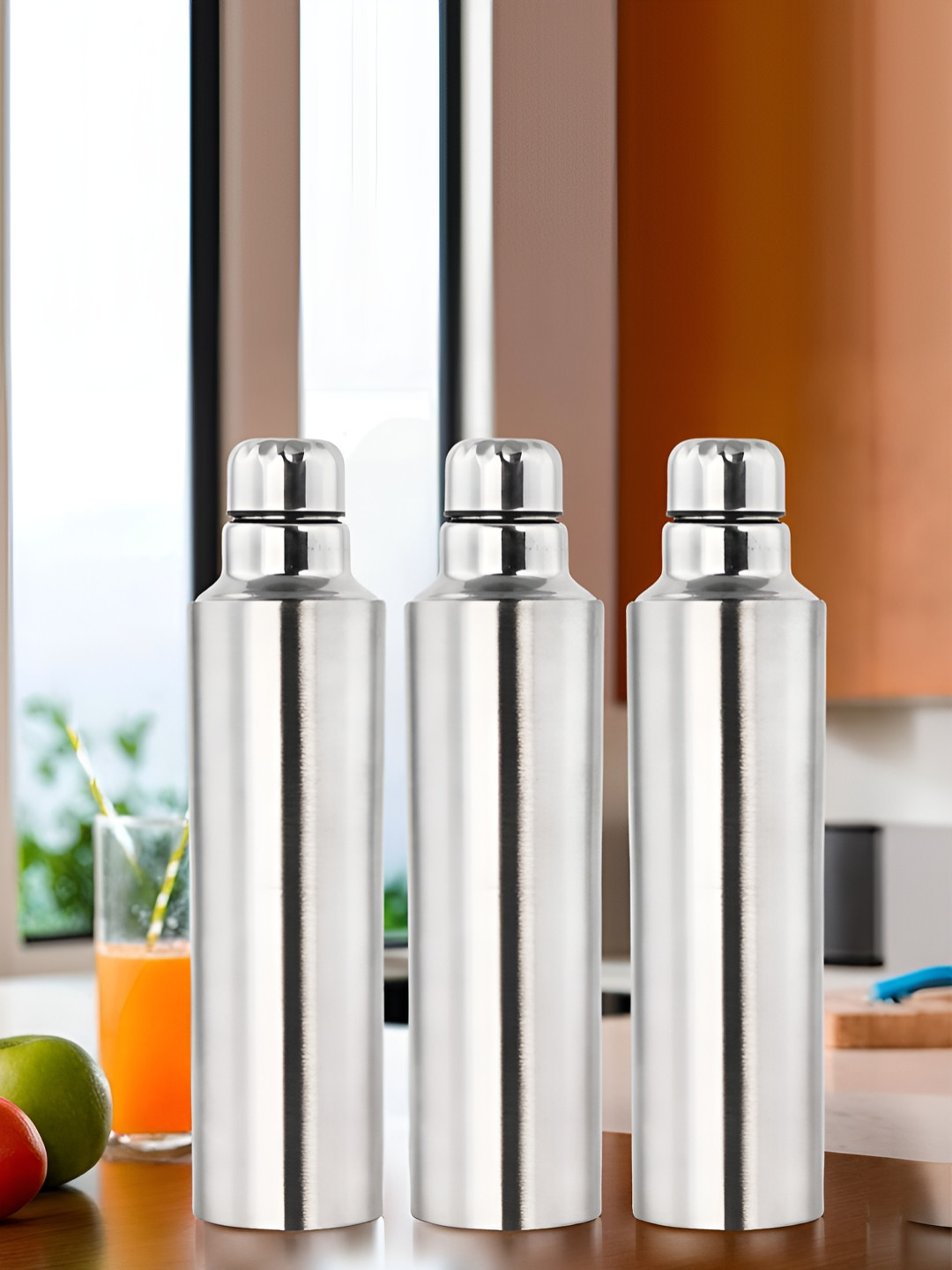 Aura Silver-Toned 3 Pieces Stainless Steel Water Bottle 1000 ml Each
