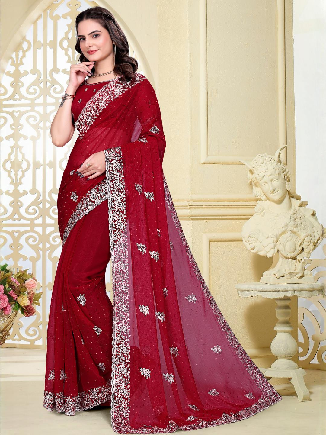 KHRITI FAB Red Embroidered Silk Blend Sarees