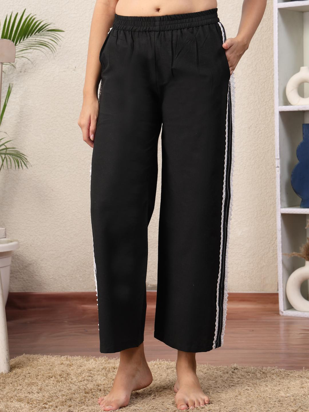 Overlock Women Black Solid Cotton With Side Lace Detail Lounge Pants