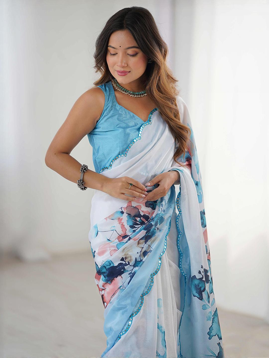 Peachmode White Pure Chiffon Printed Sarees