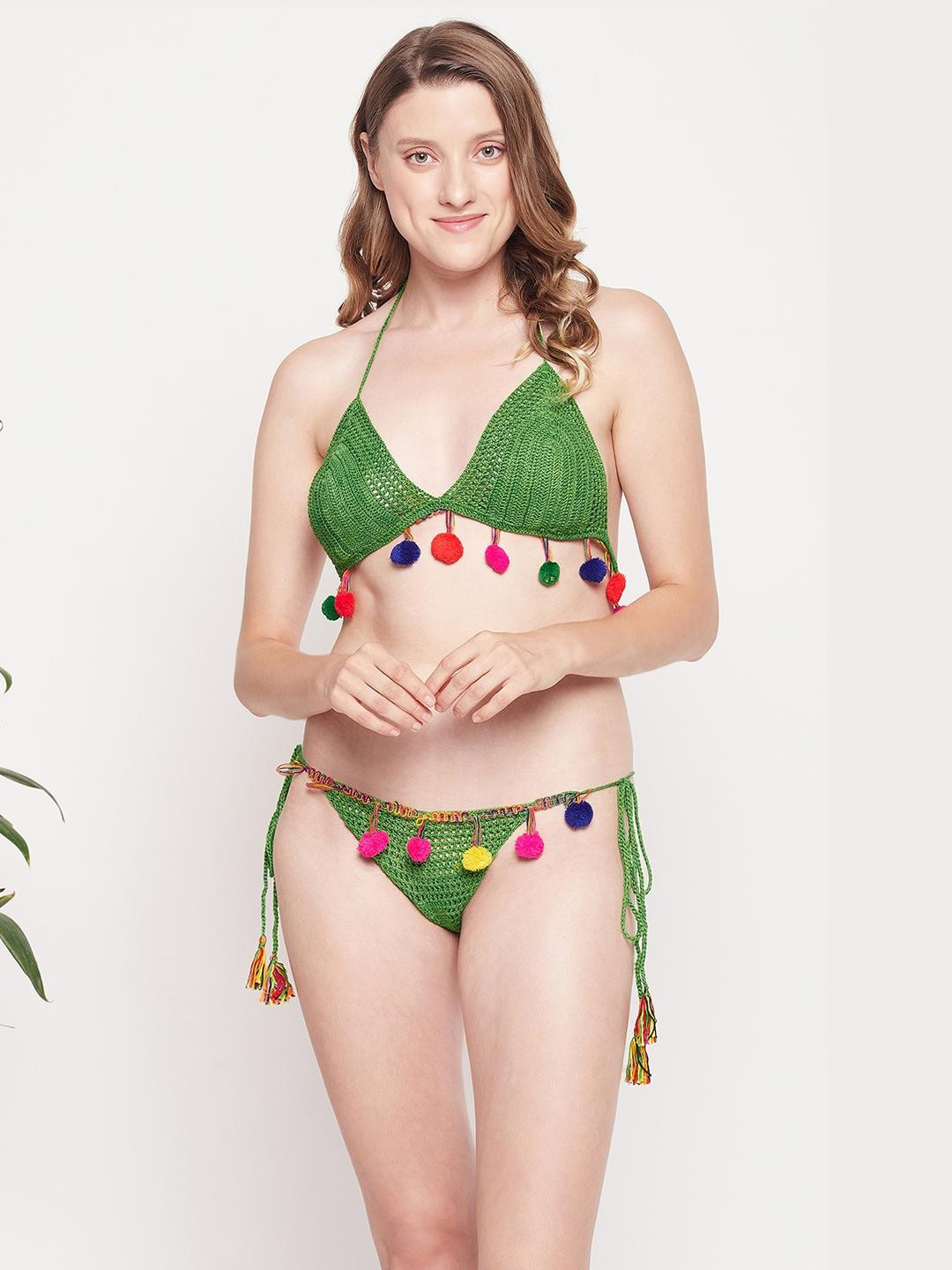 SweetFlirt Women's green 100% Handmade Multi-color Pom-Pom Crochet Bikini Set