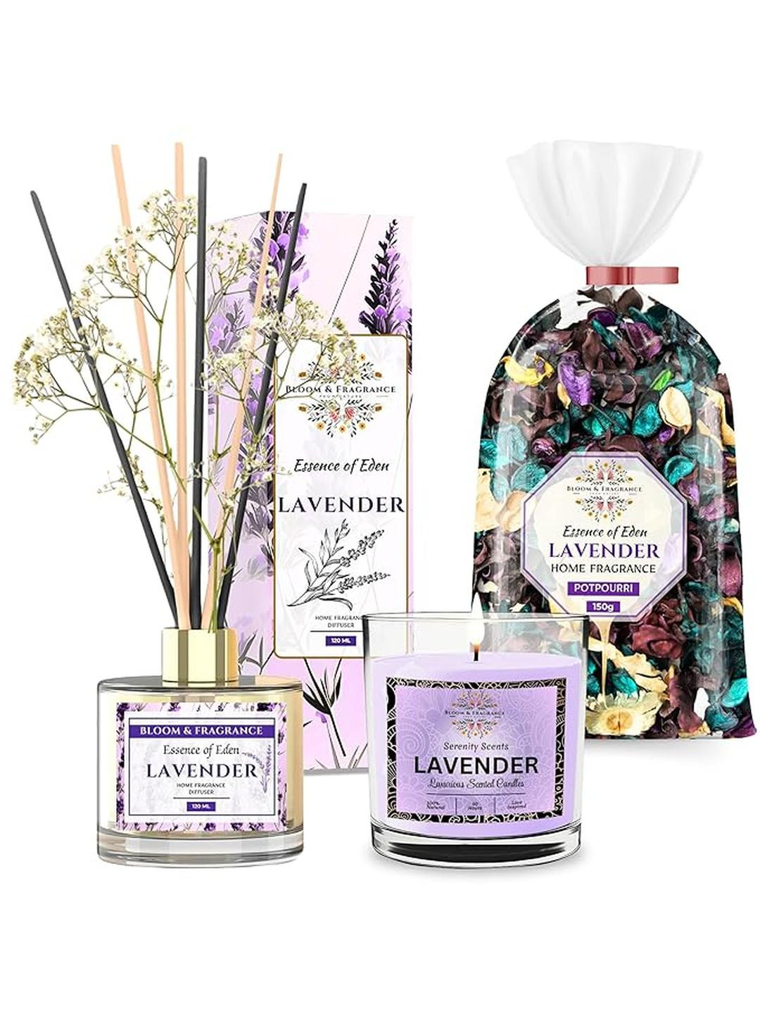 Bloom & Fragrance Lavender Diffuser Reed Set With Candle,  And Potpourri