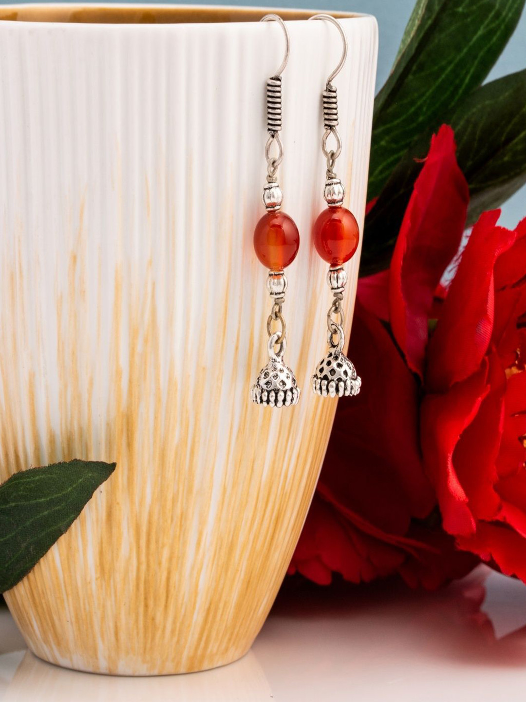Shrim jewels Brass-Plated Carnelian Beaded Oxidised Dome Shaped Jhumkas