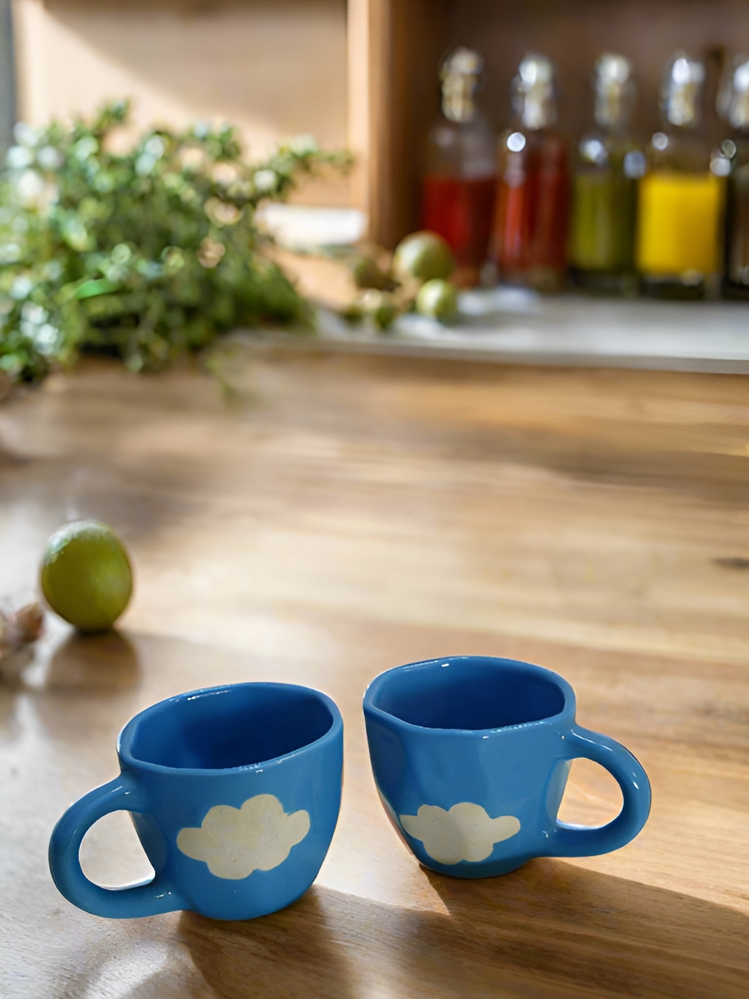 Bon Homey Blue & White 2 Pieces Floral Printed Ceramic Glossy Cups