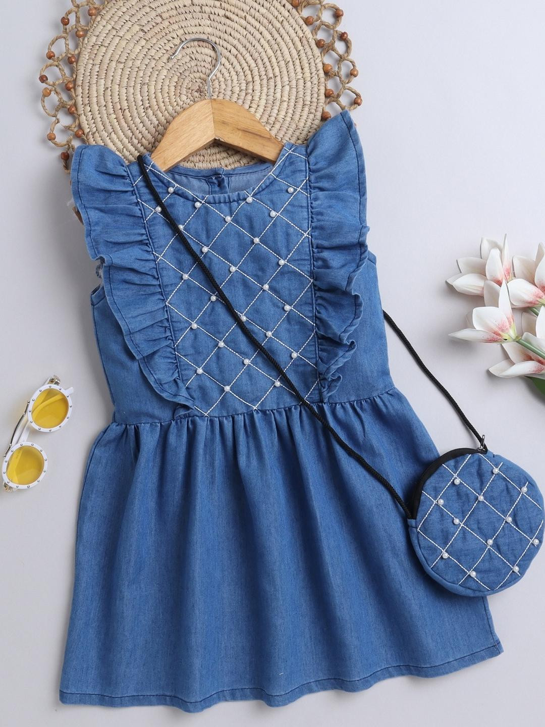 BRIGHT STARS KIDSWEAR Embellished Denim A-Line Mini Dress