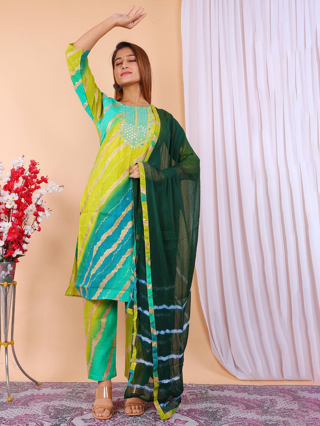 Parth F Women Ethnic Motifs Printed Regular Mukaish Kurta with Trousers & Dupatta