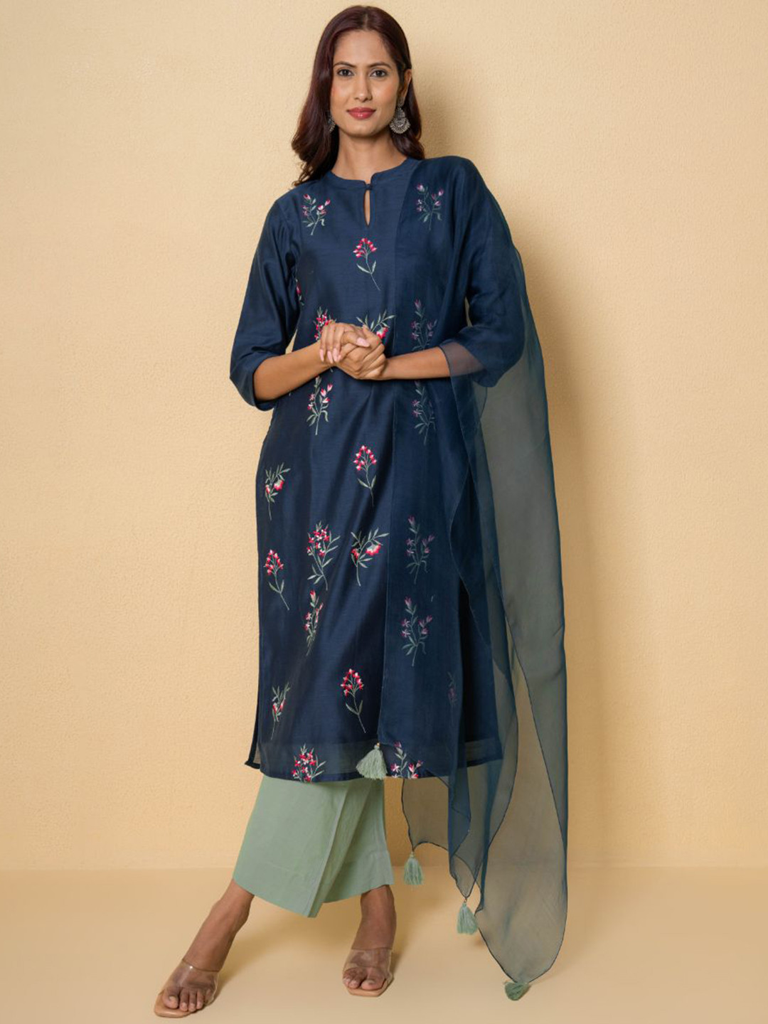 Kameez by Pooja Kejriwal Embroidered Thread Work Chanderi Silk Kurta & Trouser & Dupatta