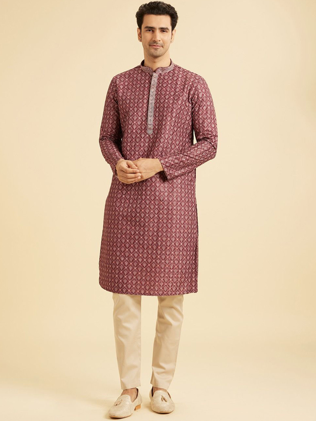 Manyavar Adults-Men Floral Printed Kurta with Pyjamas