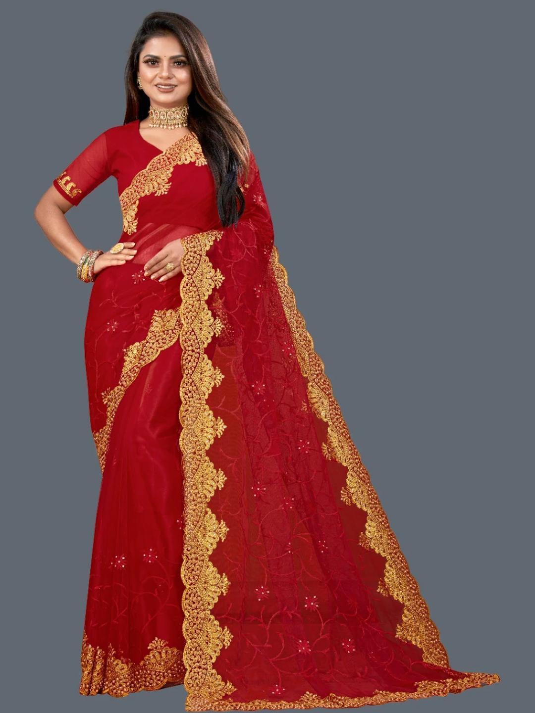 KHRITI FAB Red Embroidered Net Sarees
