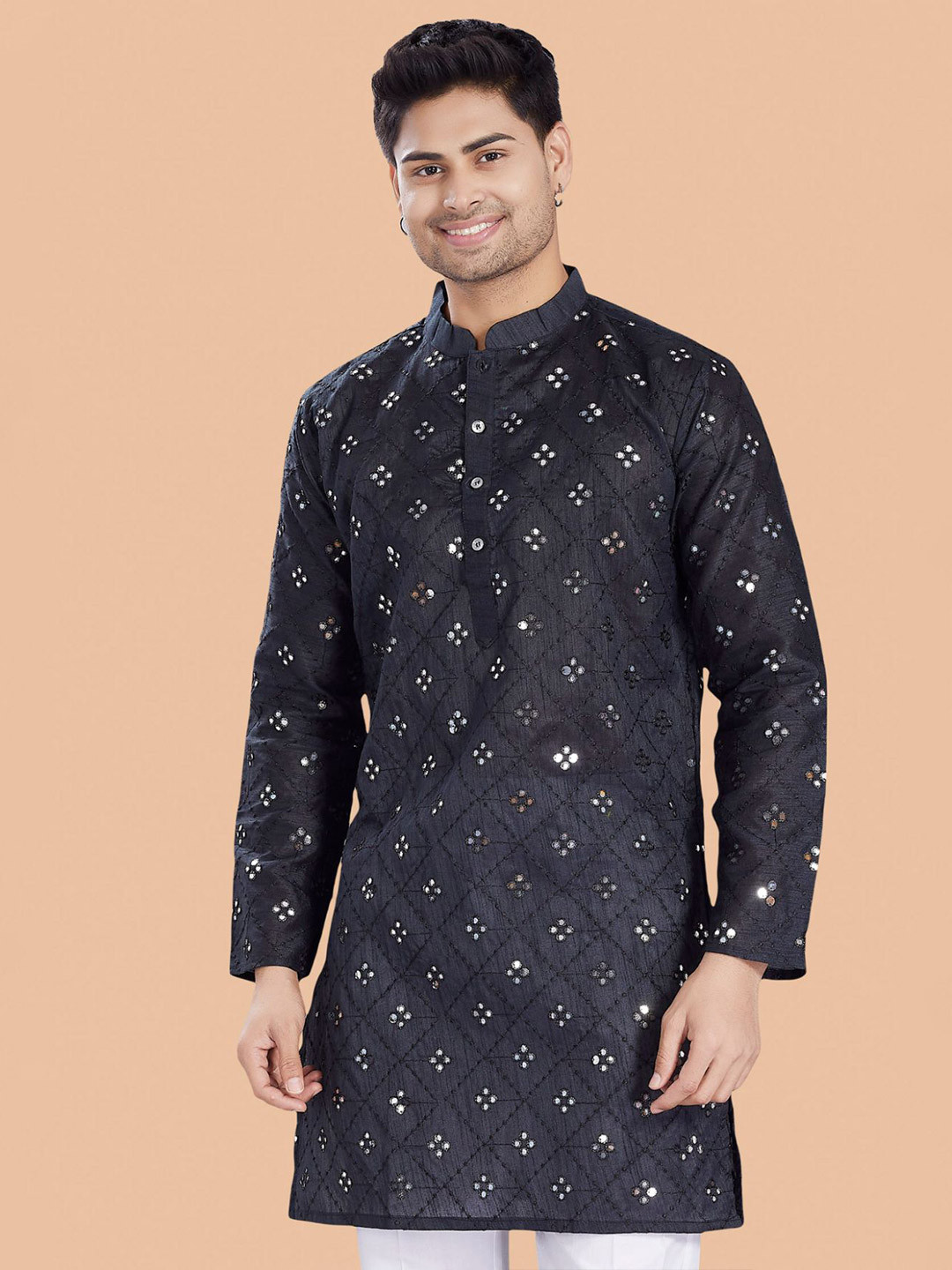 PulseIQ Men Embroidered Mirror Work Pathani Kurta