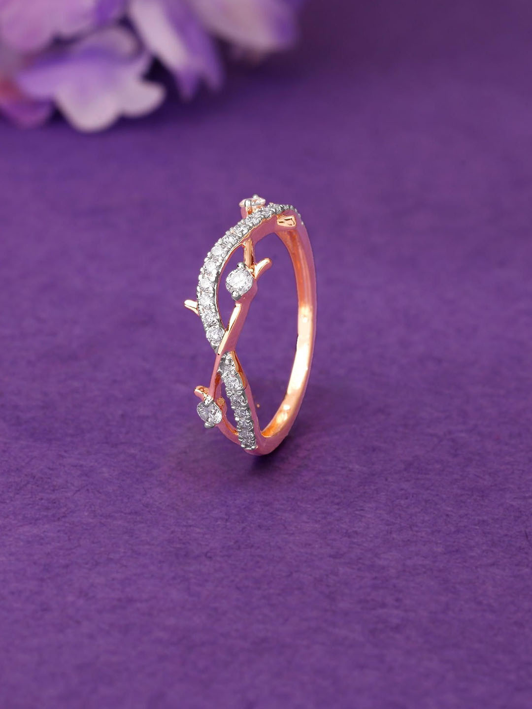 GIVA Women 14 KT Rose Gold Wavy Ring With Lab Grown Diamond-1.28 gms