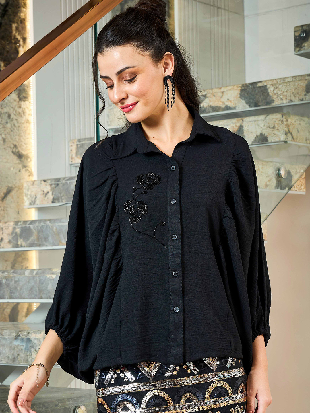 Shally Bhasin by Athena Women Floral Embroidered Batwing Sleeve Blouson Top
