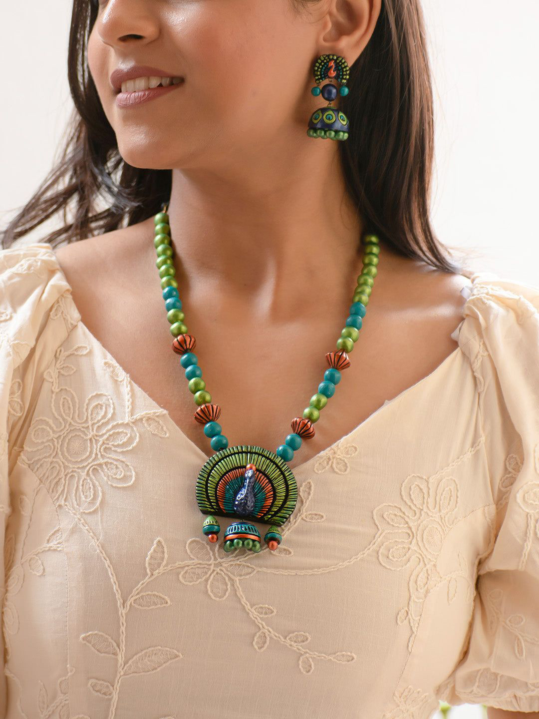 JUMKEY Peacock Design Terracotta Necklace & Earrings Jewellery Set