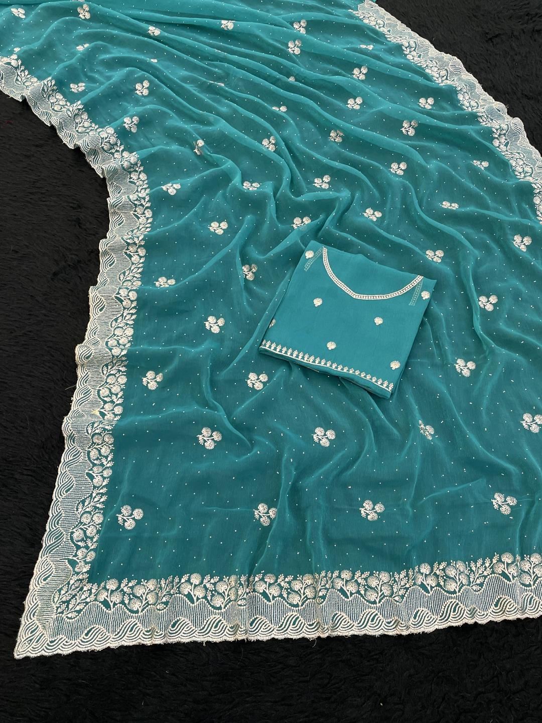 KHRITI FAB Blue Embroidered Organza Sarees