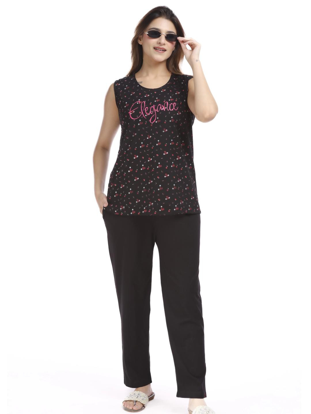 E-MAX Women Black Cotton Blend Night suits