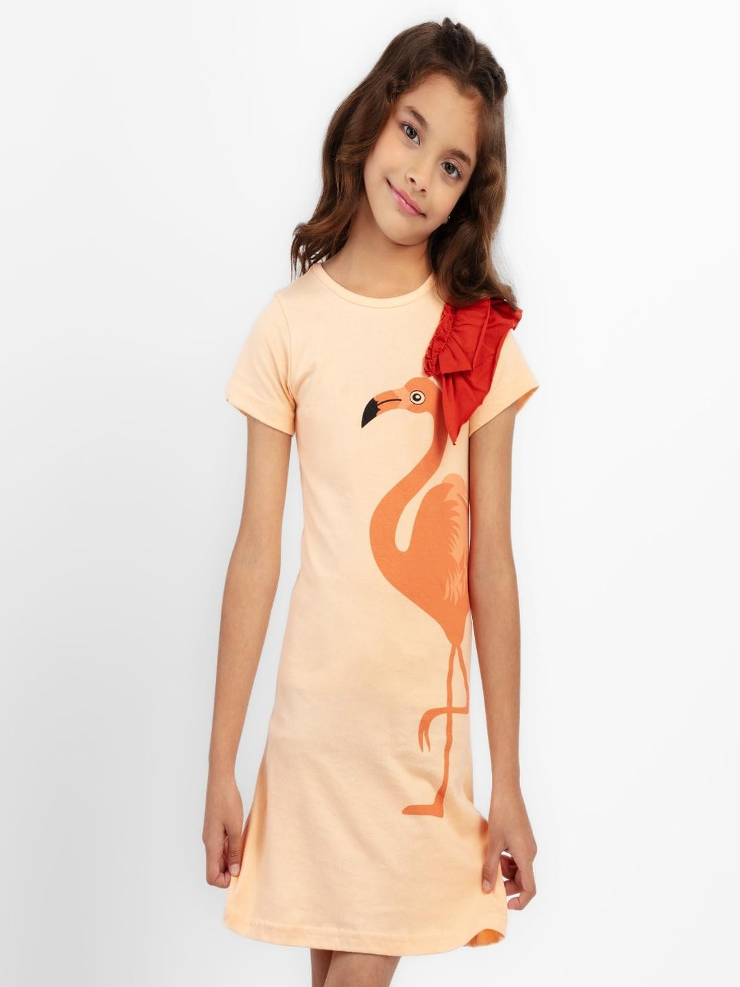 BRIGHT STARS KIDSWEAR Girls Peach Bird Print Dress