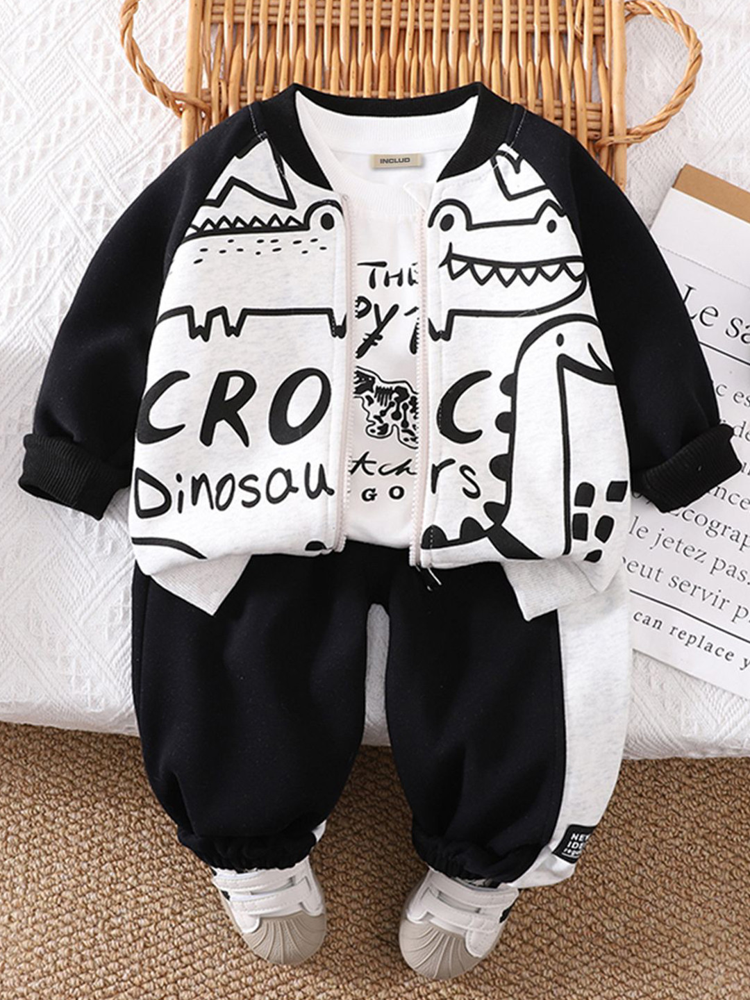 INCLUD Boys Dinosaur Printed Jacket With T-shirt & Joggers