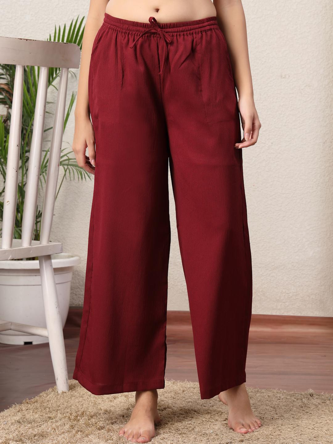 Overlock Women Maroon Solid Wide Leg Lounge Pants with Drawstring