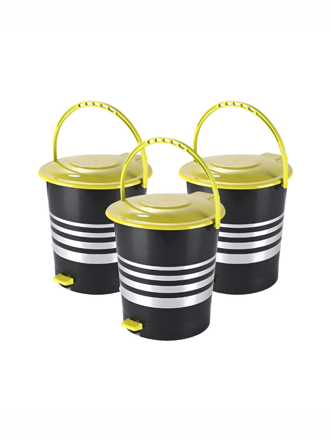 Aura 3 Pieces Black And Green Striped Pedal Bin With Handle 10L Each