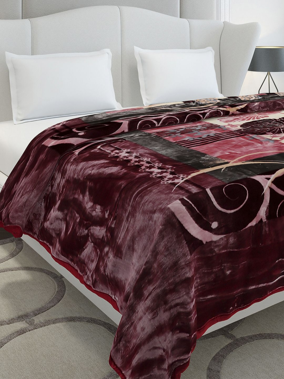 Monte Carlo Monarch Maroon & Brown Printed Heavy Winter Double Bed Blanket 1136 GSM