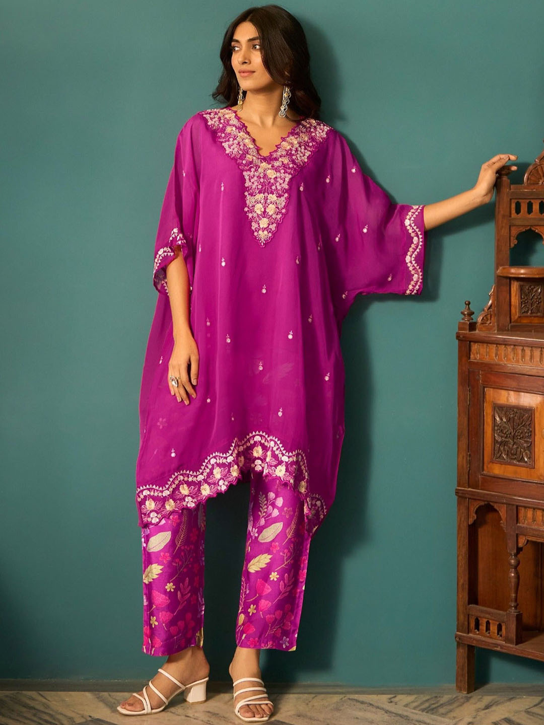 AUTUMN LANE Aster Grape Floral Embroidered Thread Work Organza Kurta With Trousers