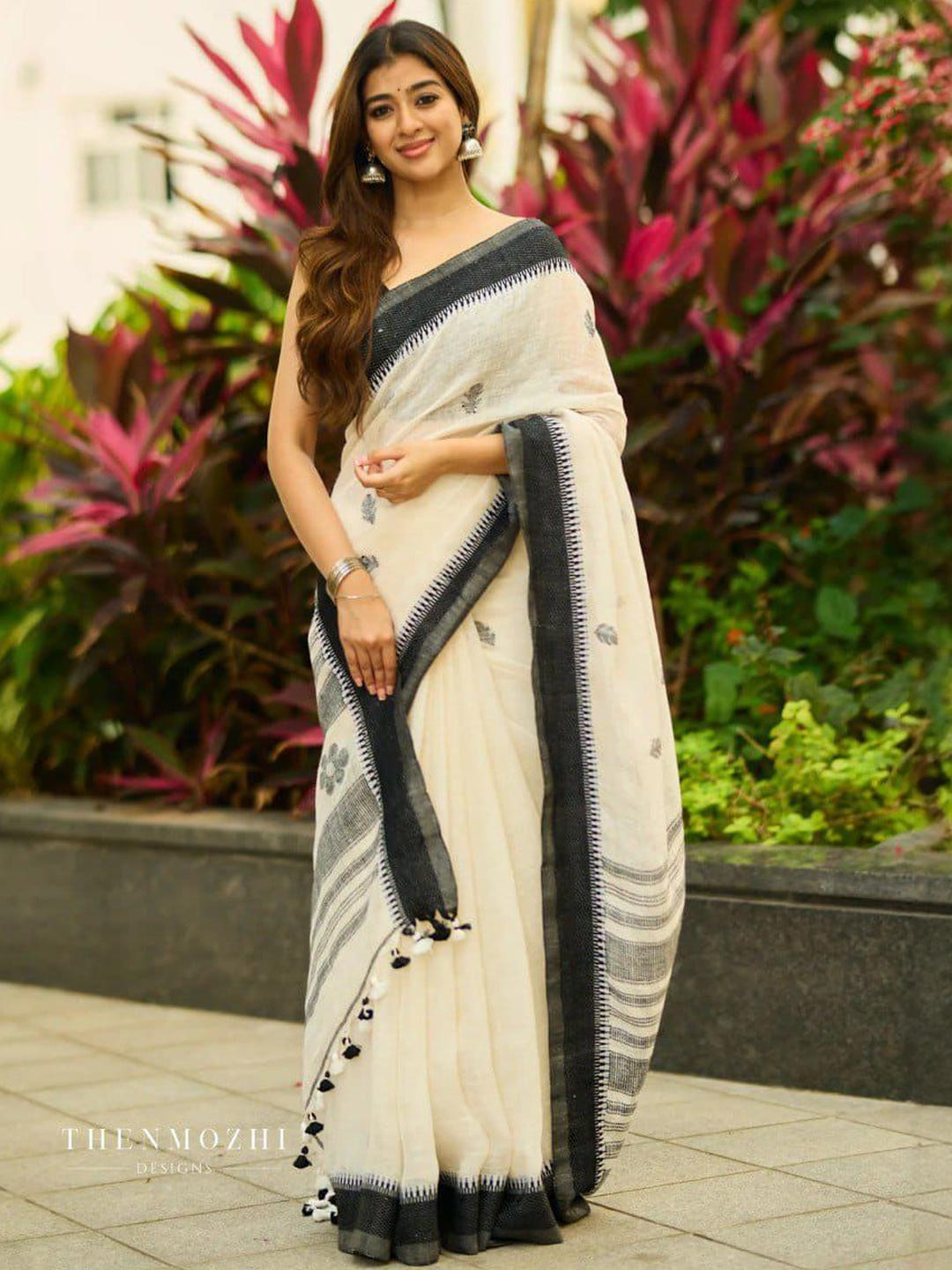 Kriyansh White Woven Design Cotton Blend Barasi Sarees
