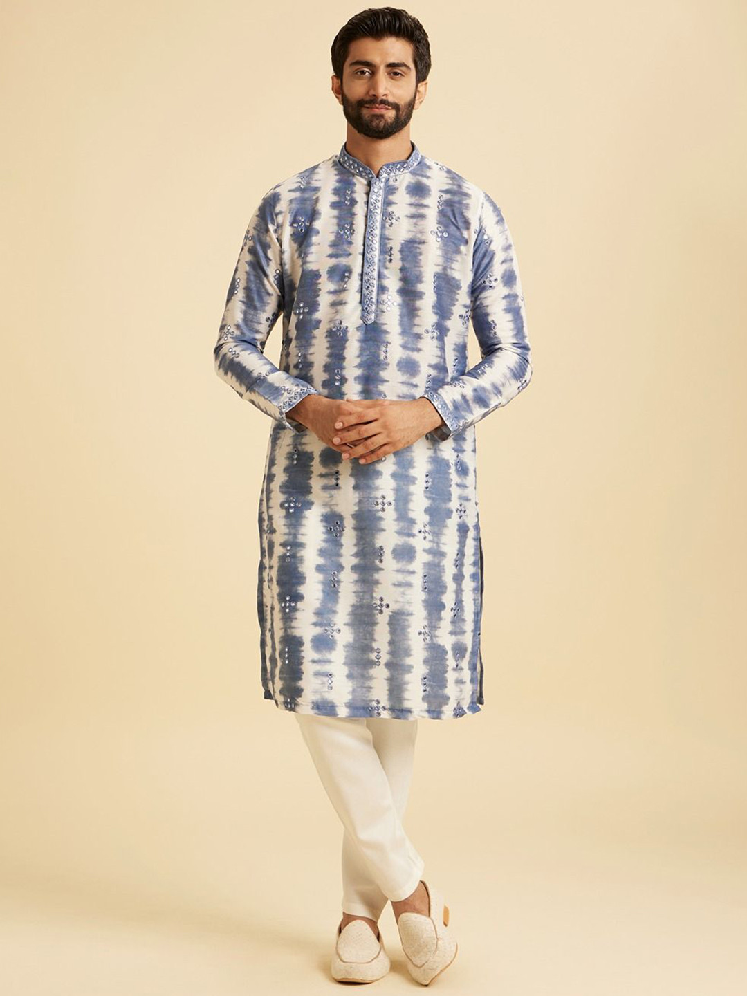 Manyavar Adults-Men Dyed Satin Kurta with Pyjamas