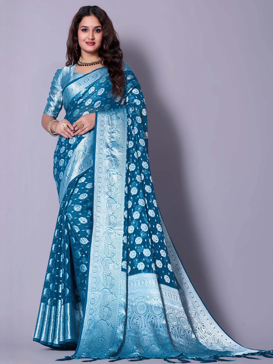 PATTARI Blue Pure Georgette Woven Design Sarees