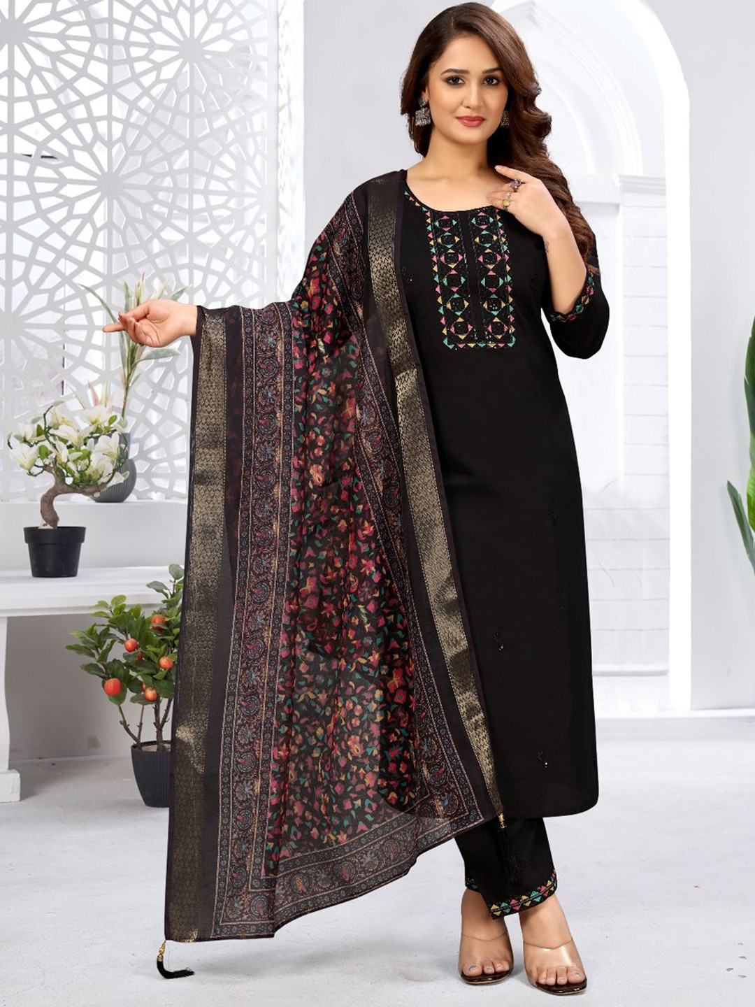 WINE LADY Women Ethnic Motifs Embroidered Regular Sequinned Kurta with Palazzos & Dupatta