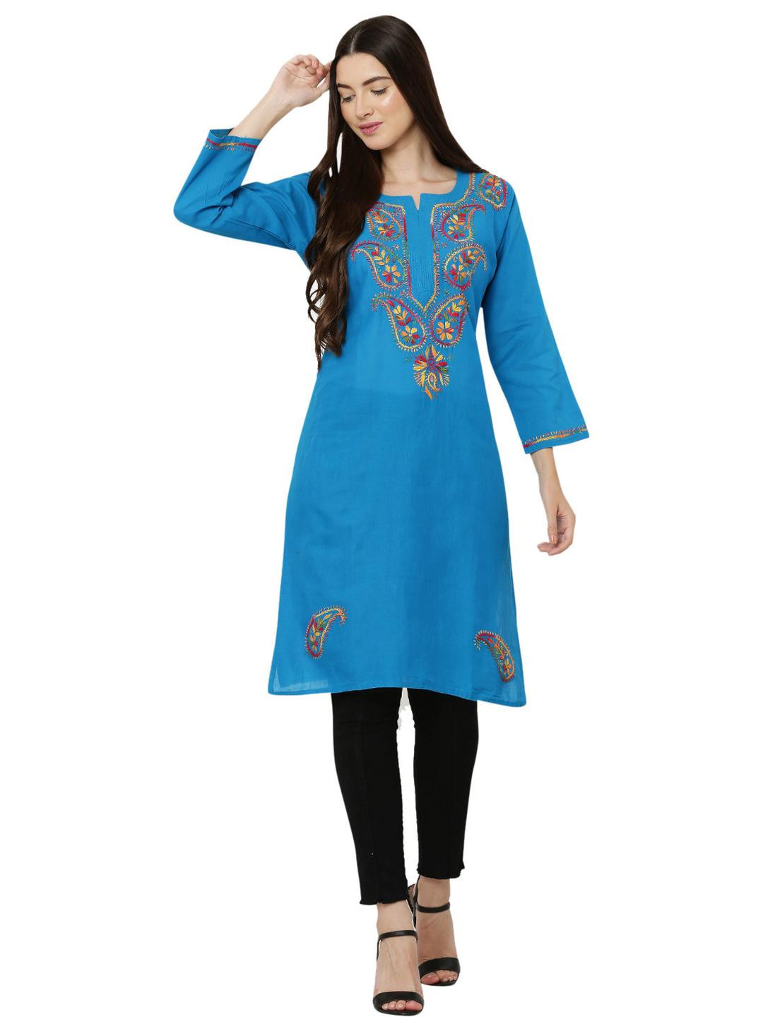 FIIZA Women Lucknowi Chikankari Machine Embroidery Rayon Kurti