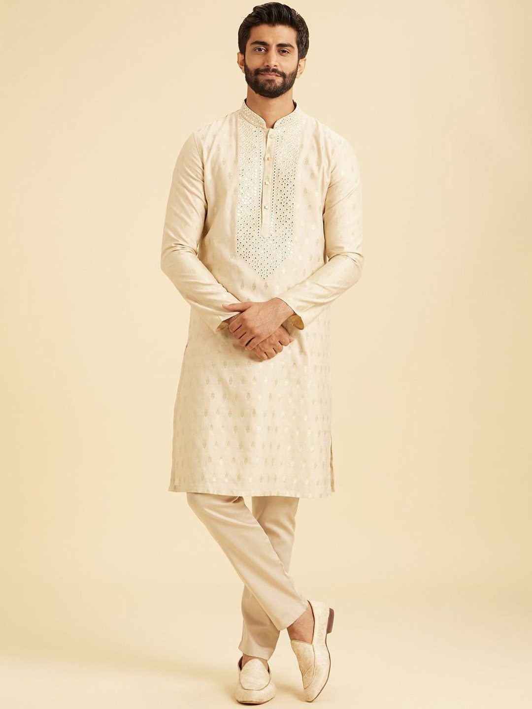 Manyavar Adults-Men Woven Design Kurta with Pyjamas