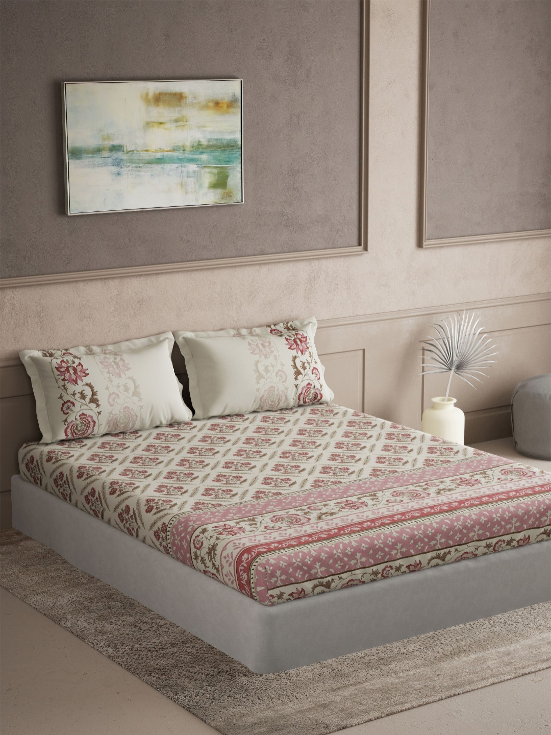 DDecor Pink & Cream-Coloured Printed 144TC Cotton Double King Bedsheet Set 2.54 m x 2.74 m