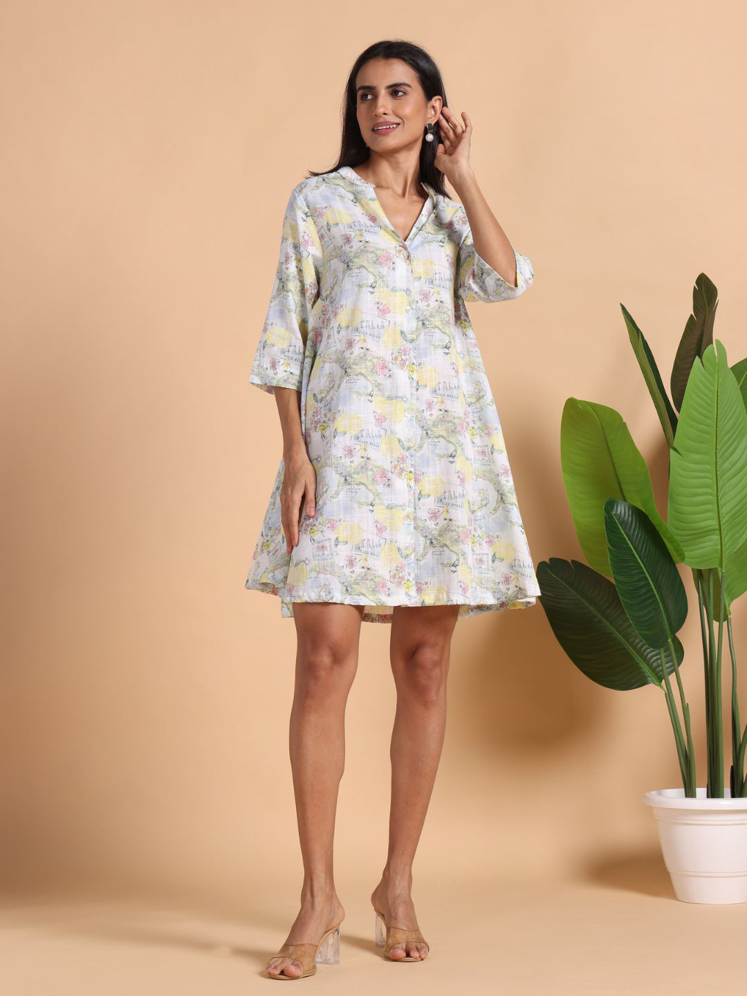 Safeera Bella Ciao Women Floral Printed Mandarin Collar Cotton A-Line Dress