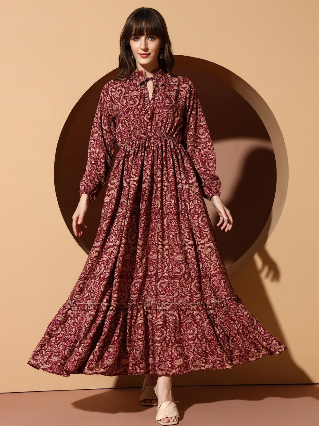 ASNOWERA Women Maroon Floral Print Mandarin Collar Long Sleeves Applique A-Line Maxi Dress