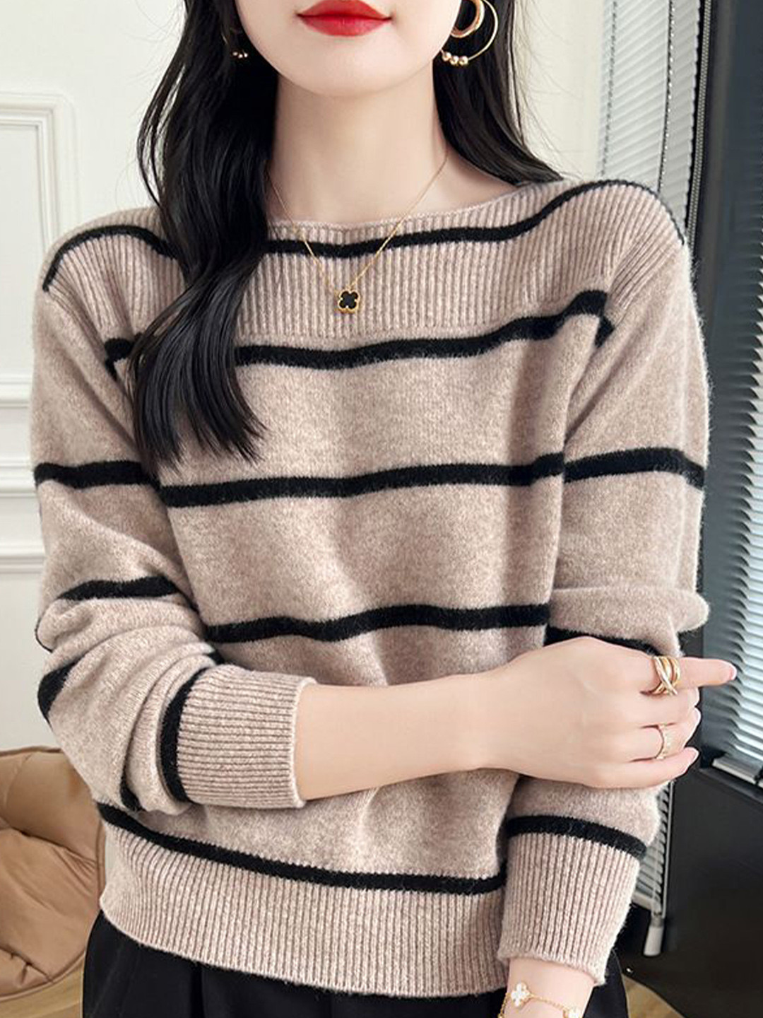 StyleCast Women Striped Round Neck Cashmere Pullover Sweater