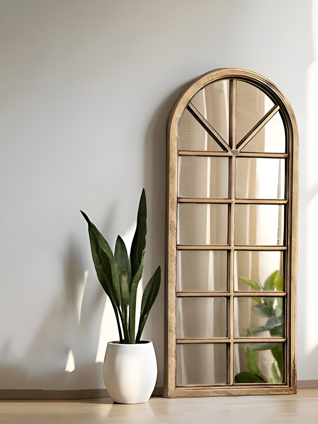 Art Street Brown Textured Arched Windowpane Wall Mirror