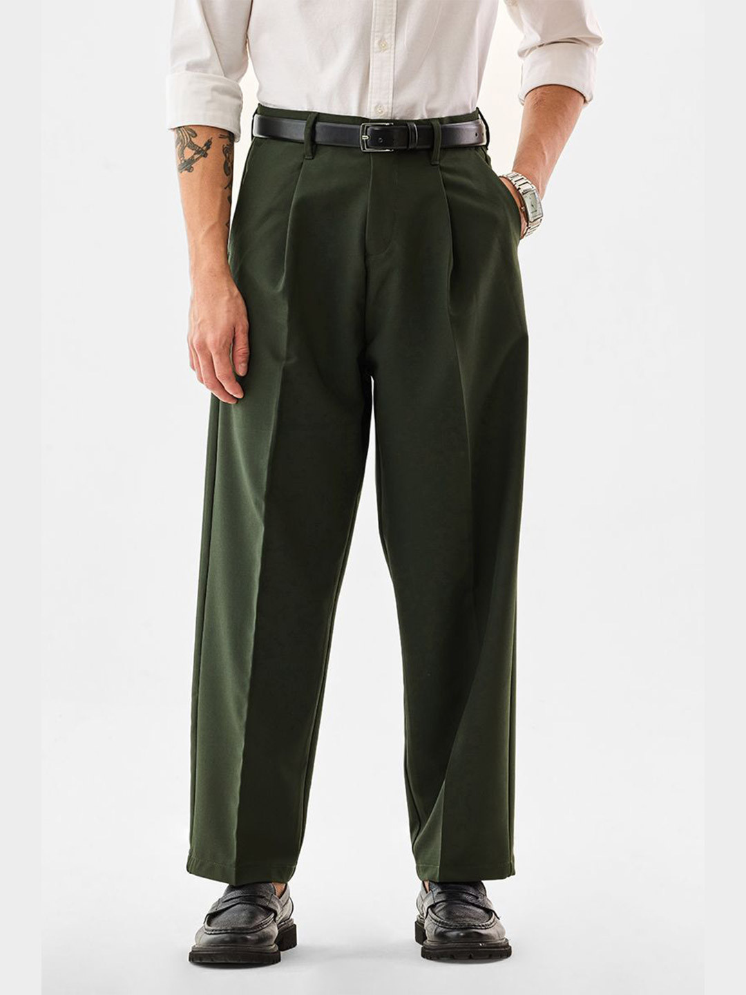 Snitch Men Dark Green Mid-Rise Baggy Trousers
