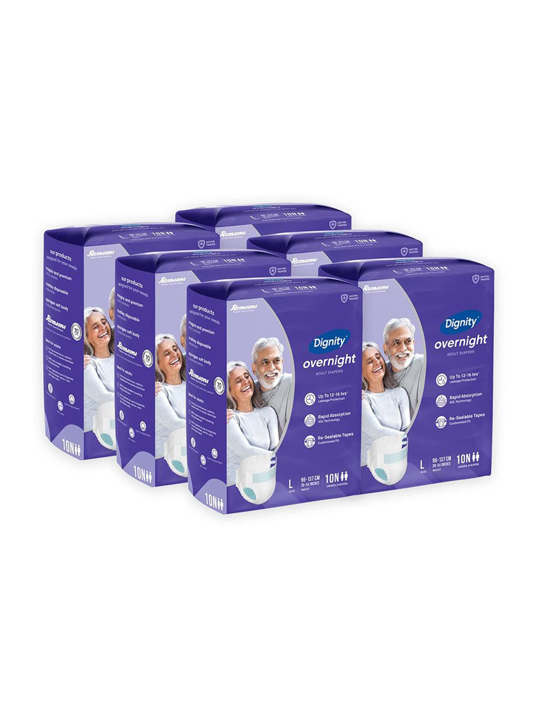 Dignity Adult Set Of 6 Overnight Tape Style Diapers- L- 10 Pcs Each