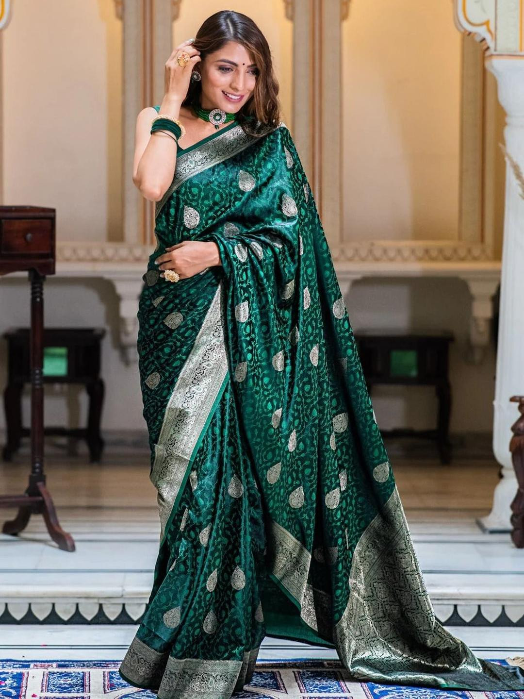 Kriyansh Teal Woven Design Cotton Blend Barasi Sarees