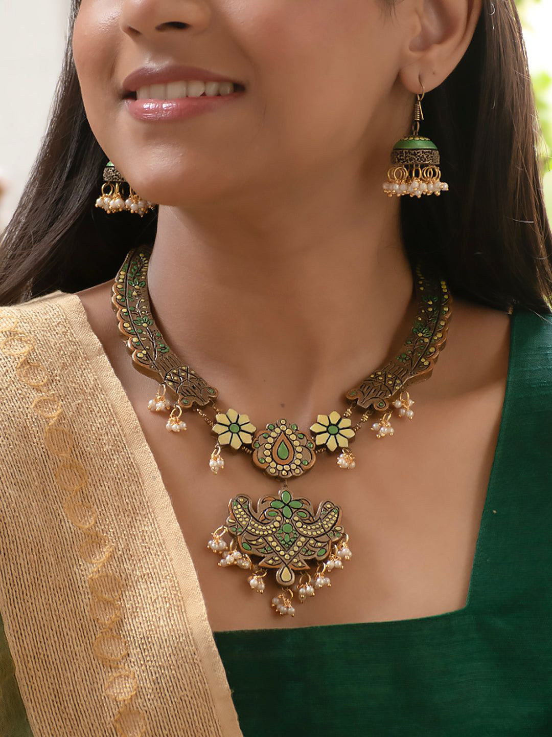 JUMKEY Women Terracotta Necklace With Drop Earrings Jewellery Set