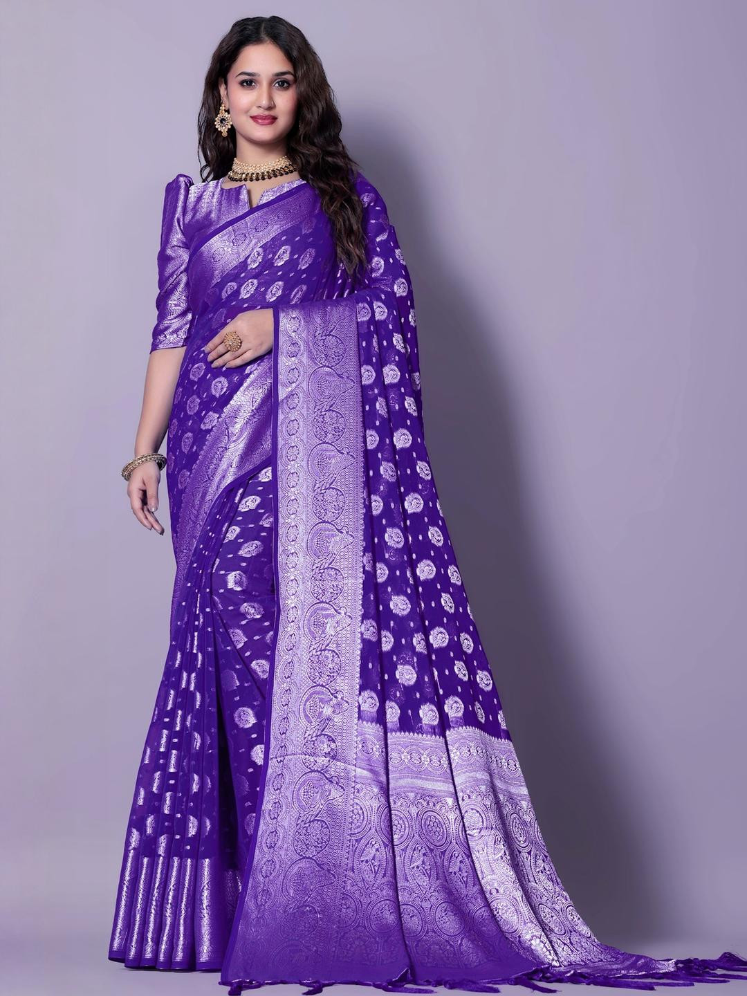 PATTARI Purple Pure Georgette Woven Design Sarees