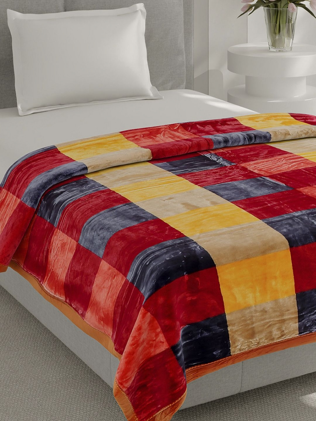 Monte Carlo Everest Plus Red & Yellow Checked Heavy Winter Single Bed Blanket 597 GSM