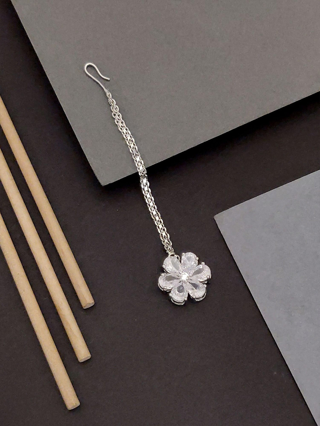 ABDESIGNS Silver-Plated Floral Artificial Stones Studded Maang Tikka