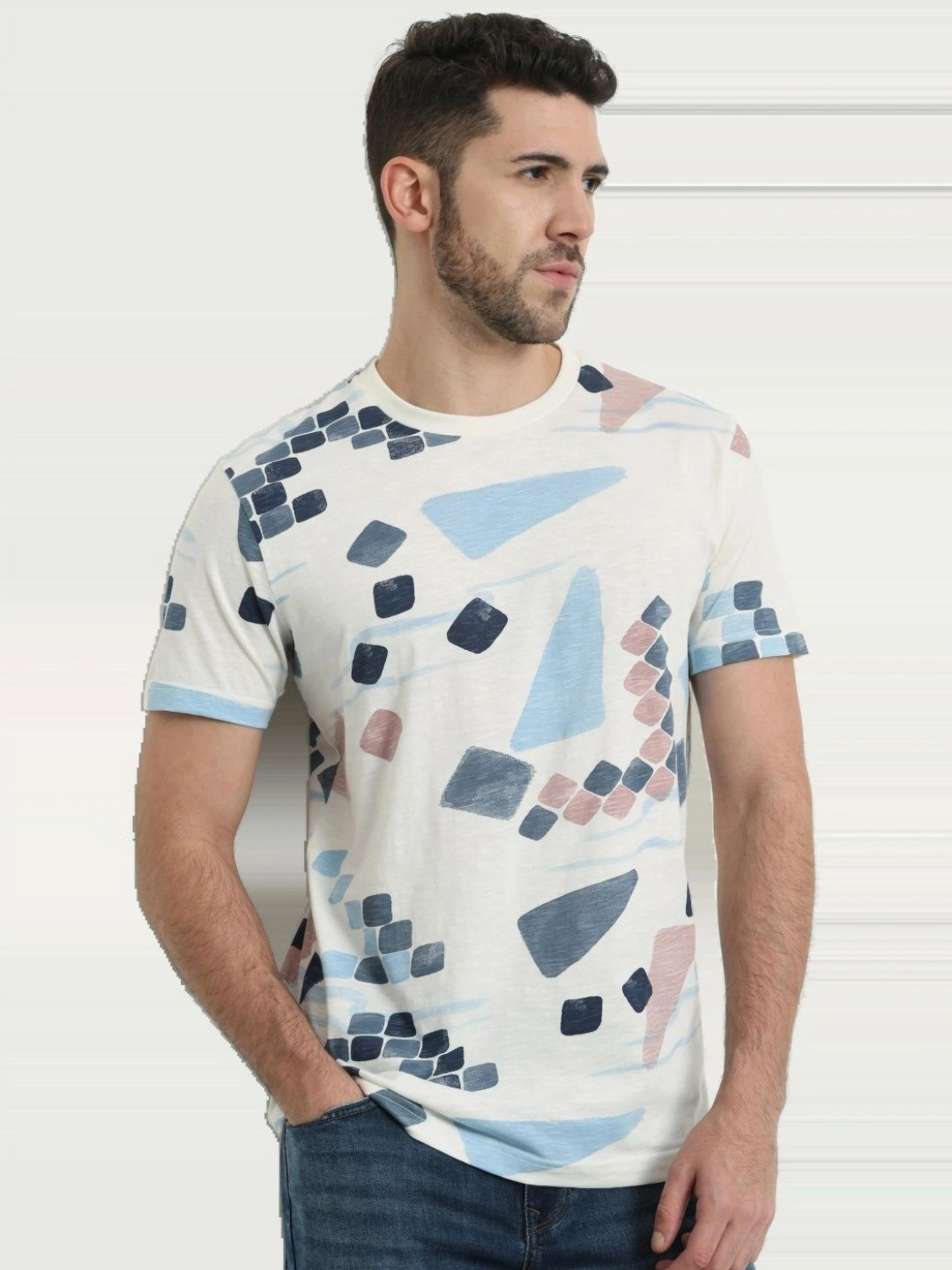 Mufti Geometric Printed Crew Neck Cotton Slim Fit T-shirt