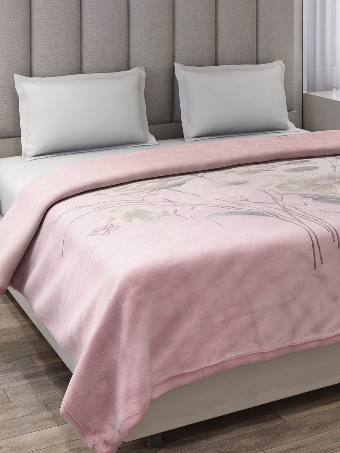 Monte Carlo Rosewood Pink & Grey Floral Printed Heavy Winter Double Bed Blanket  890 GSM