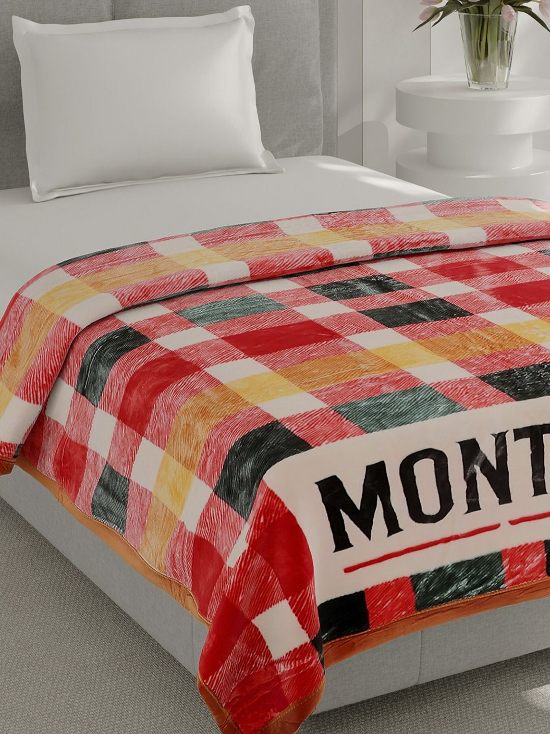 Monte Carlo Everest Plus Orange Colored Checked Heavy Winter 597 GSM Single Bed Blanket