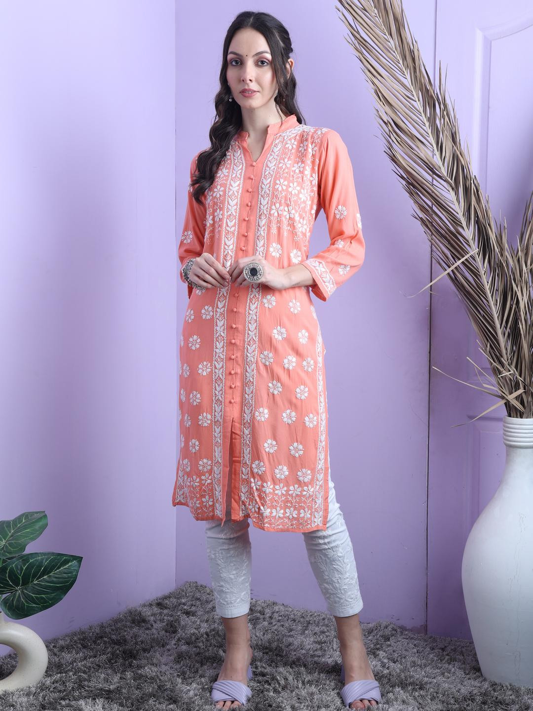FIIZA Women Peach Lucknow Chikankari Machine Embroidery Rayon Kurti