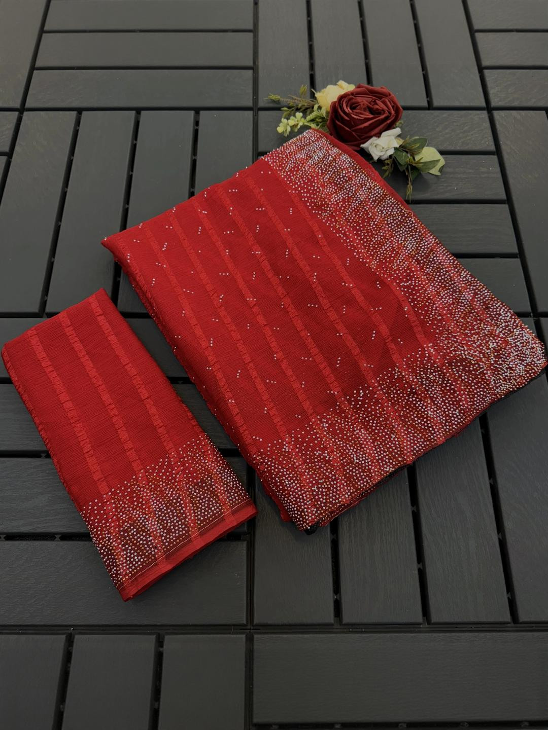 KHRITI FAB Red Striped Pure Georgette Sarees