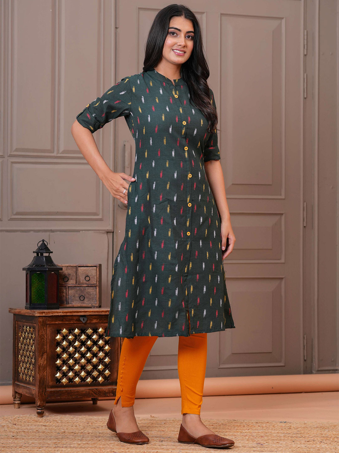HEARTLOOM Striped Mandarin Collar Cotton A-Line Kurta